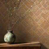 Vliesbehang in goud geblokt, grafisch geometrisch ruitpatroon 