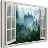 Leinwandbild, Fensterblick Wald im Nebel Natur 