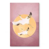 Tableau sur verre acrylique Grues blanches et or dans un ciel rose - Aureous 
