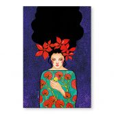Wandbild Frau mit roter Blütenkrone und Vogel - Hülya - Alu-Dibond 
