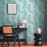 Grafik-Tapete im Art-Deco Stil Türkis Weiß - Vliestapete mit Retro-Muster 