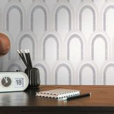 Patterned wallpaper with arches art deco style white silver - graphic wallpaper retro look  