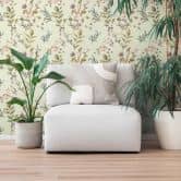 Florale Tapete mit Pflanzen Weiß Grün – Zarte Blüten auf hellem Grund – Vliestapete 