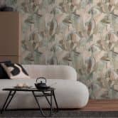 Abstrakte Blätter-Tapete in Beige Grün Blau – Sanfte Naturtöne – Vliestapete 