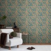 Blätter-Tapete Ginkgo Blau Beige – Vliestapete mit Kupferakzenten – Modernes Naturmotiv 