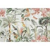 Livingwalls Fototapete ARTist Tropical Paradise mit Dschungel Vögeln und Schmetterlingen creme, grün, orange, rosa 