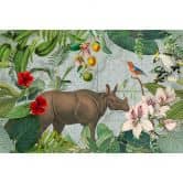 Livingwalls Fototapete ARTist Jungle Rhino mit Dschungel und Nilpferd braun, grün, orange, rosa, rot 