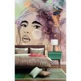 Livingwalls Fototapete ARTist Lady mit Aquarell Zeichnung beige, grün, orange, schwarz, violett 