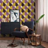 Papier peint photo rétro à motifs losanges - papier peint intissé jaune lilas - papier peint salon vintage 