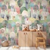 wall mural with colourful forest motif - non-woven wallpaper for children's rooms - playful tree design 