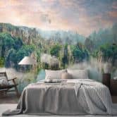 behang fantasie landschap bergen groen blauw - vliesbehang met mist motief voor woonkamer 