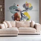 Fototapete Vögel Bunt Grafik - Vliestapete mit Natur- und Blumenmotiv für Wohnzimmer 