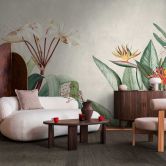 Fototapete Tropische Pflanzen Beige Grün - Vliestapete mit exotischem Blumenmotiv 