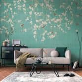 Kersenbloesem turquoise - vliesbehang met bloemenpatroon en vogels 