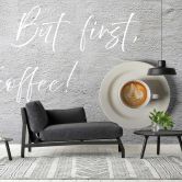Kaffee-Fototapete Spruch Grau Weiß – 3,75 x 2,50 m – Vliestapete modern 