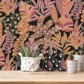 Papier peint Feuilles Noir Orange Rose - Papier peint intissé Jungle Plantes 