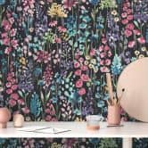 Papier peint aquarelle floral gris foncé multicolore - papier peint fleuri contrasté - papier peint intissé 