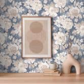 Papier peint floral Vintage bleu beige - papier peint fleuri rétro - papier peint intissé 