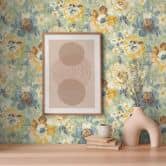 Papier peint fleuri Vintage Vert Jaune - papier peint rétro floral pastel - papier peint intissé 