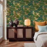 Papier peint intissé arbres nature vert or Papier peint mural forêt feuilles paysage  