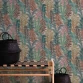 Mustertapete mit Farnblättern Bunt - Florale Tapete Grün Blau Lila 