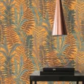 patroon behang met varenblaadjes kleurrijk - bloemen behang geel blauw bruin  
