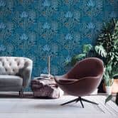 Papier peint à fleurs style rétro Bleu Blanc - papier peint intissé floral avec feuilles 