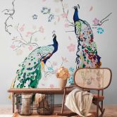 Tiertapete Bunt - Vliestapete Pfau Natur - Vogeltapete Blumen Floral Weiß 