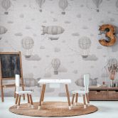 Luchtballonnen behang grijs wit - Vliesbehang voor kinderkamers 
