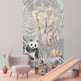 Tierwelt-Fototapete Grau Bunt - Dschungeltiere Panda Elefant Erdmännchen - Vliestapete 