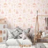 Prinses behang roze beige - kinderbehang met kasteel & koets  