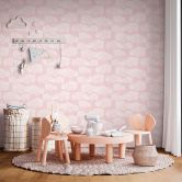 Wolken behang roze wit - kinderkamer behang met hemel motief 