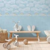 Borte mit Regenbogen und Wolken Blau Bunt - Kinderzimmer Bordüre mit Vögeln 