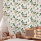 Bosdieren behang aquarel look groen beige - kinderkamer behang dieren 