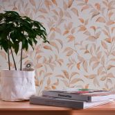 Blättertapete Orange Weiß - Florale Vliestapete - Tapete Wohnzimmer Schlafzimmer Küche 