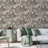 Dschungel-Tapete mit Kakadu - Vliestapete Beige Grün Lila - Exotische Mustertapete 