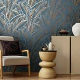 Papier peint jungle avec motif de feuilles bleu or - Papier peint intissé exotique moderne & expressif 