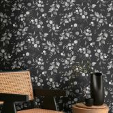 Florale Aquarell-Tapete Schwarz Grau – Vliestapete mit Blättern – Elegantes Naturmotiv 