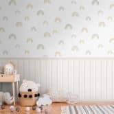 Wall Mural rainbow pastel with wooden panel beige - non-woven wallpaper nursery expandable 