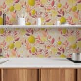 Papier peint citron rose jaune orange - Papier peint intissé moderne - fruits & feuilles 