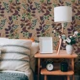 Papier peint intissé avec motifs de feuilles colorées sur fond beige 