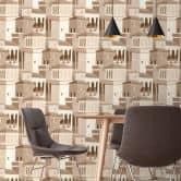 Papier peint intissé avec motif architectural dans les tons beiges et bruns 