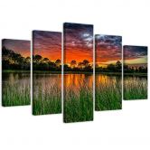 Leinwandbild 5 teilig, Sonnenuntergang See 