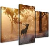 Leinwandbild 3-teilig, Hirsch Wald Sonnenaufgang Natur 