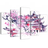 Leinwandbild 5 teilig, Japanische rosa Landschaft 
