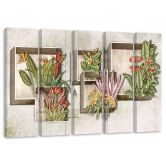 Leinwandbild 5 teilig, Quadratkisten Regale mit Blumen 