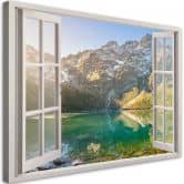 Leinwandbild, Fensterblick Wald im Nebel Berge 