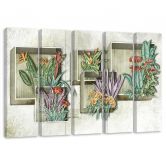 Leinwandbild 5 teilig, Quadratkisten Regale mit Blumen 