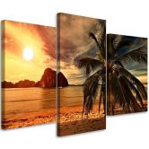 Leinwandbild 3-teilig, Sonnenuntergang Meer Palmen 
