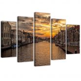 Leinwandbild 5 teilig, Stadt Fluss Sonnenuntergang 